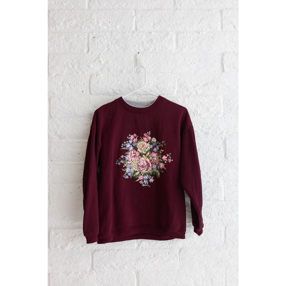 90s Basic Editions Floral Bouquet Sweatshirt Maroon Cottagecore Small